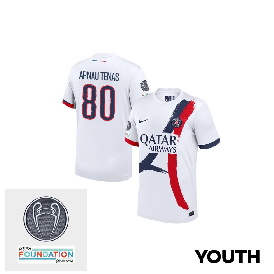 Arnau Tenas 80 Paris Saint-Germain UEFA Champions League Titleholder 2024/25 Champions Away YOUTH Jersey - White