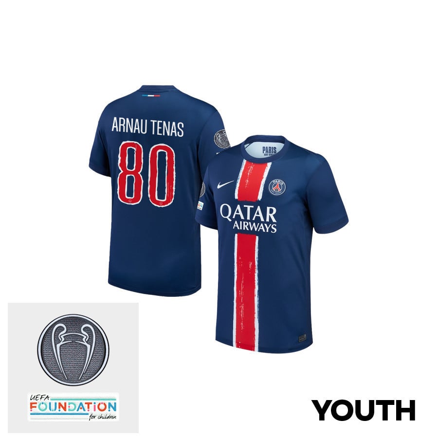 Arnau Tenas 80 Paris Saint-Germain UEFA Champions League Titleholder 2024/25 Champions Home YOUTH Jersey - Blue