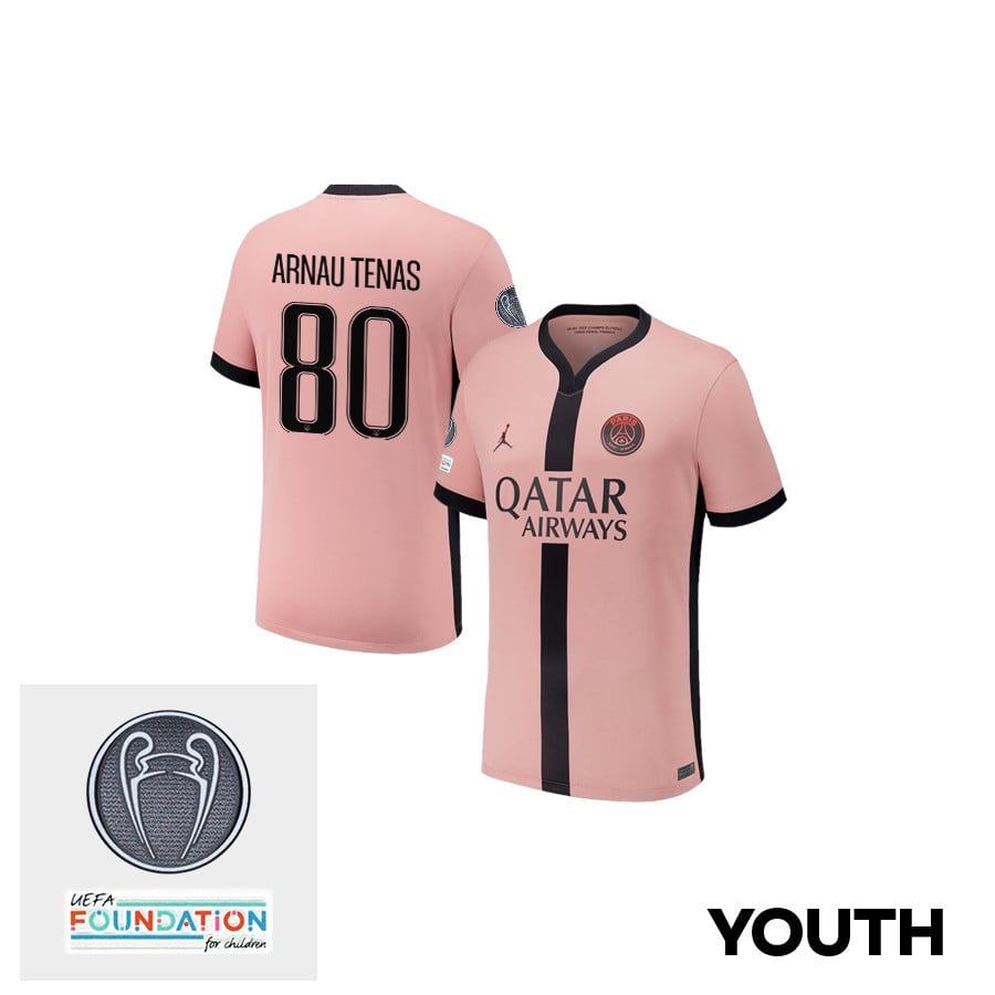 Arnau Tenas 80 Paris Saint-Germain UEFA Champions League Titleholder 2024/25 Champions Third YOUTH Jersey - Pink