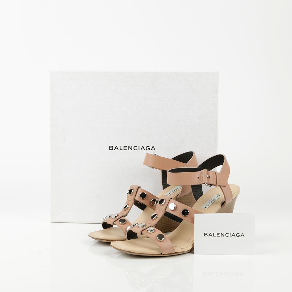 Balenciaga Pink Leather Stud Strap Wedge Sandal Heel 37.5 Size - 410919