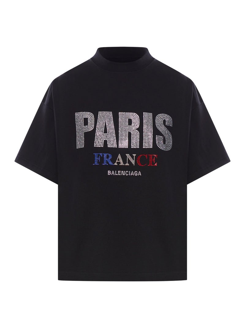 Balenciaga T-SHIRT PARIS STRASS CROPPED OVERSIZE IN NERO