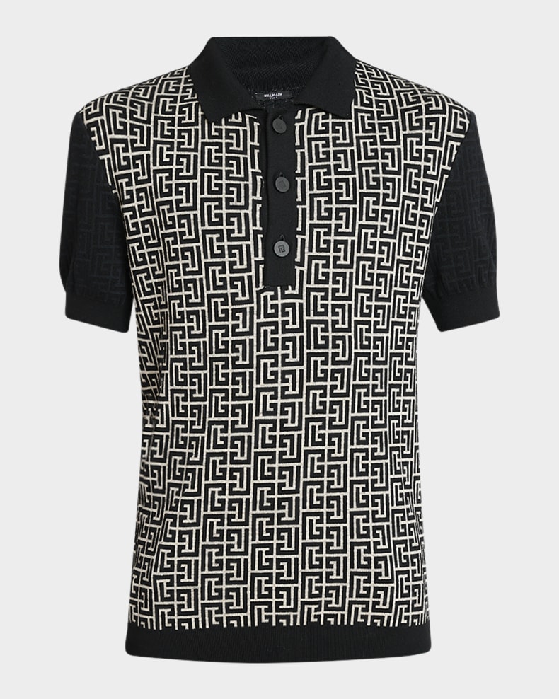 Balmain Men's Cotton Color Block Monogram Knit Polo Shirt Gfe ivory/blk