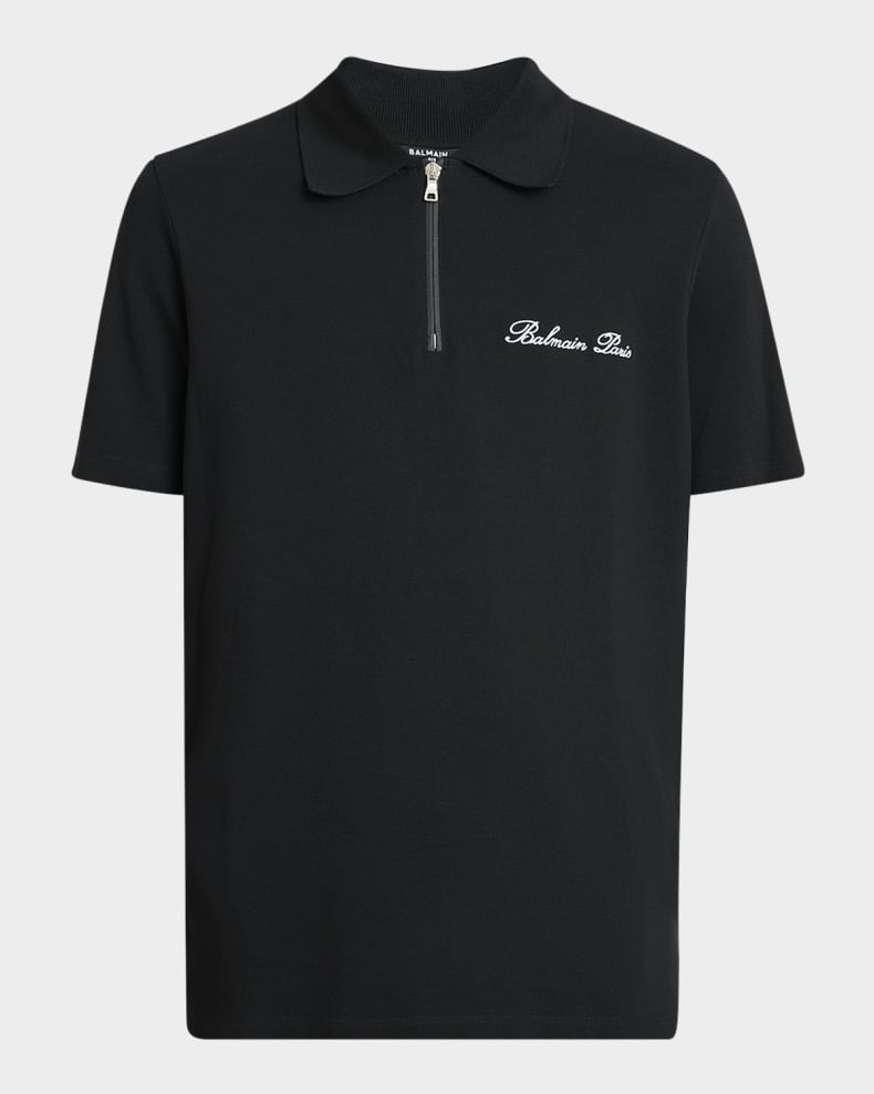 Balmain Men's Embroidered Zip Polo Shirt Eab blk/white