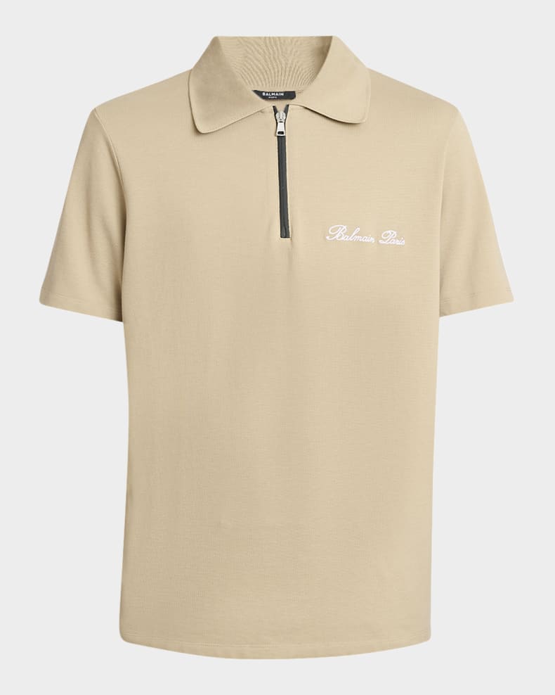 Balmain Men's Embroidered Zip Polo Shirt Whl camel/black