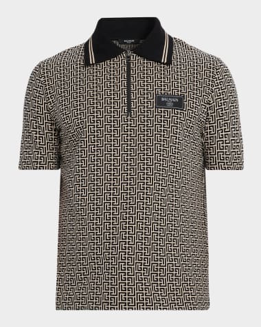 Balmain Men's Monogram Couture-Label Quarter-Zip Polo Shirt Gfe ivory/blk