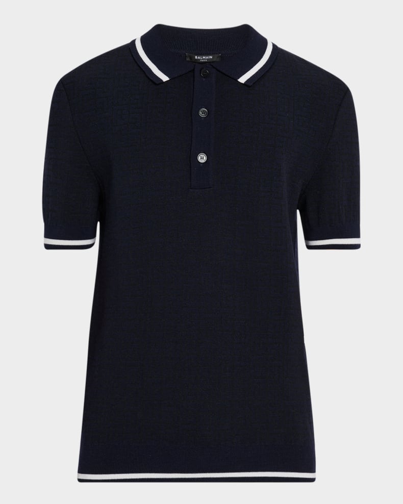 Balmain Men's Monogram Knit Polo Shirt Black/marine