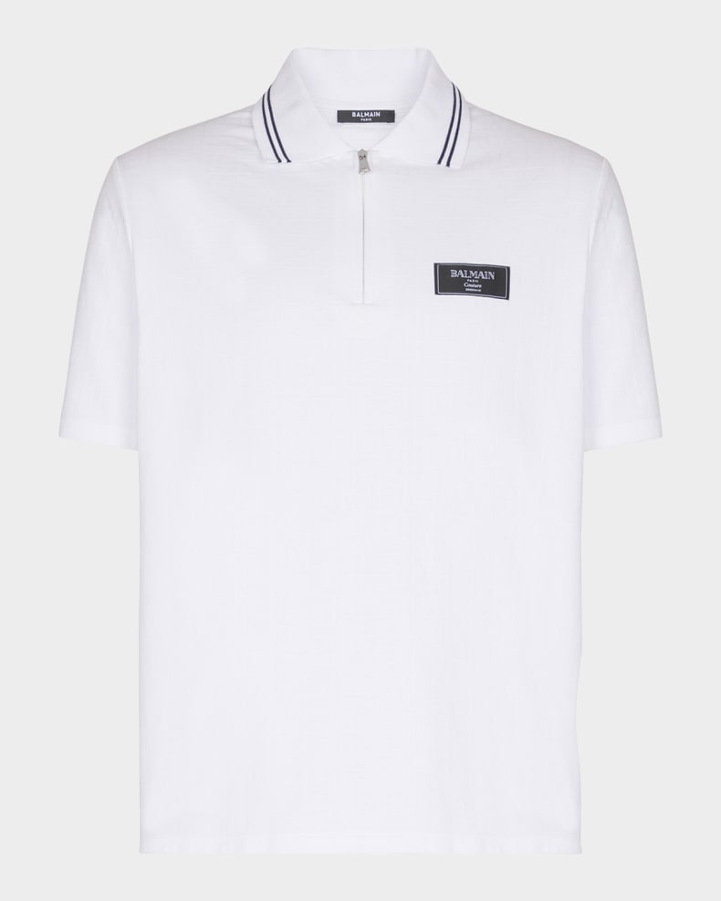 Balmain Men's Monogram Zip Polo Shirt White