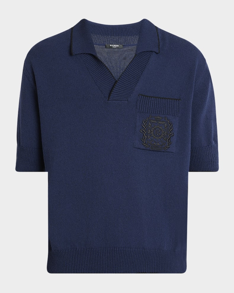 Balmain Men's Pocket Emblem Knit Polo Shirt Sha navy/black