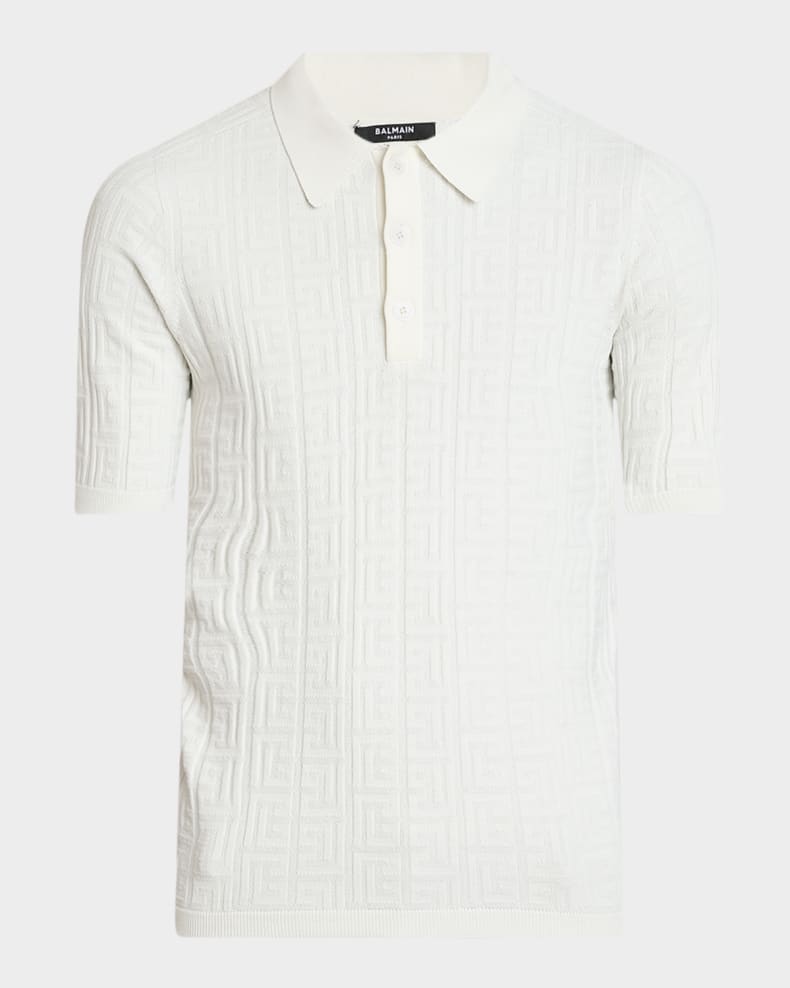 Balmain Men's Tonal Monogram Knit Polo Shirt 0ka natural