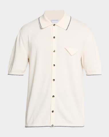 Bottega Veneta Men's Boucle Triangle Pocket Short-Sleeve Shirt Bianco