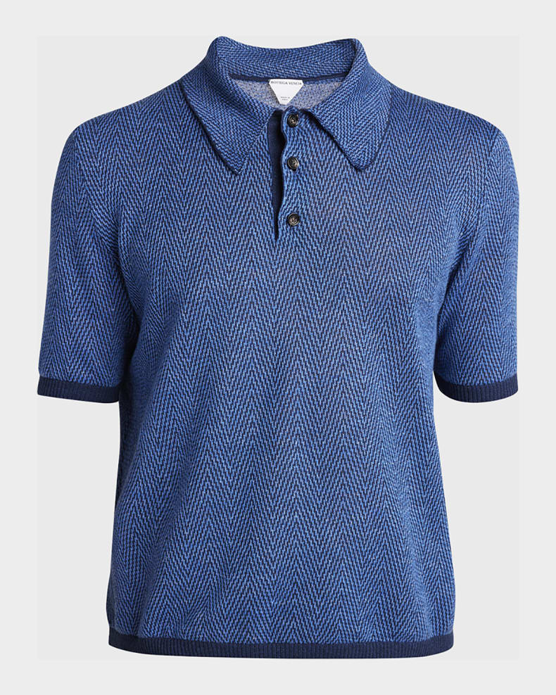 Bottega Veneta Men's Linen-Cotton Chevron Polo Shirt Blue multi