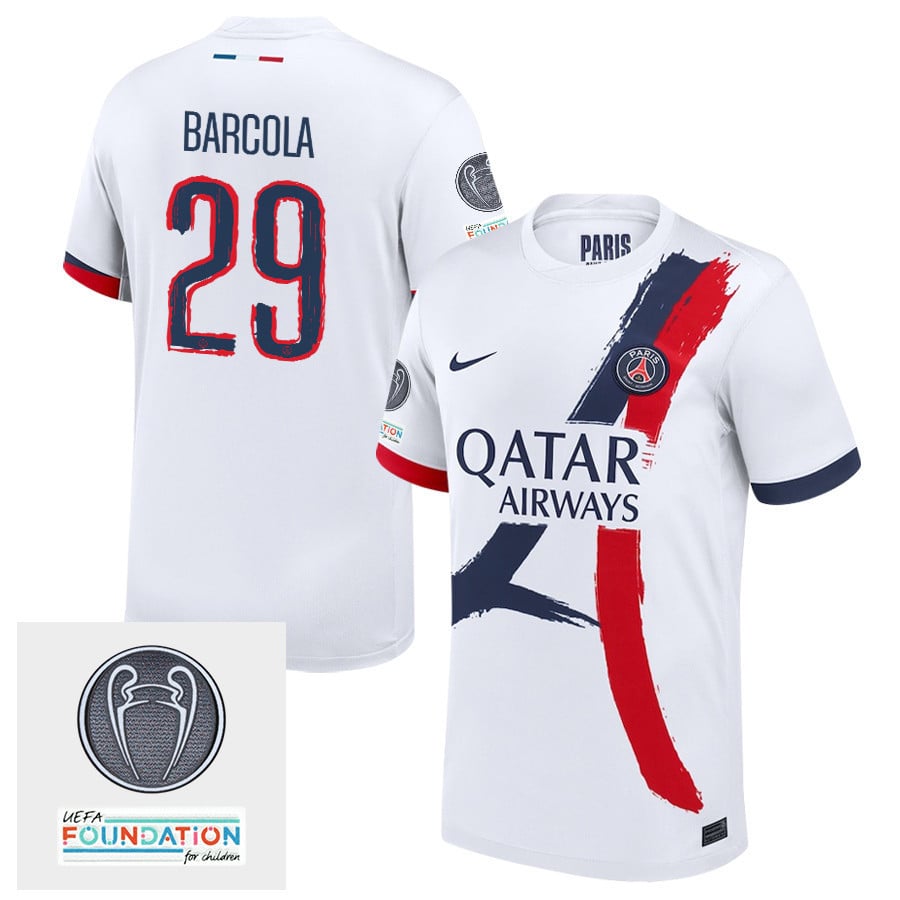 Bradley Barcola 29 Paris Saint-Germain UEFA Champions League Titleholder 2024/25 Away Men Jersey - White