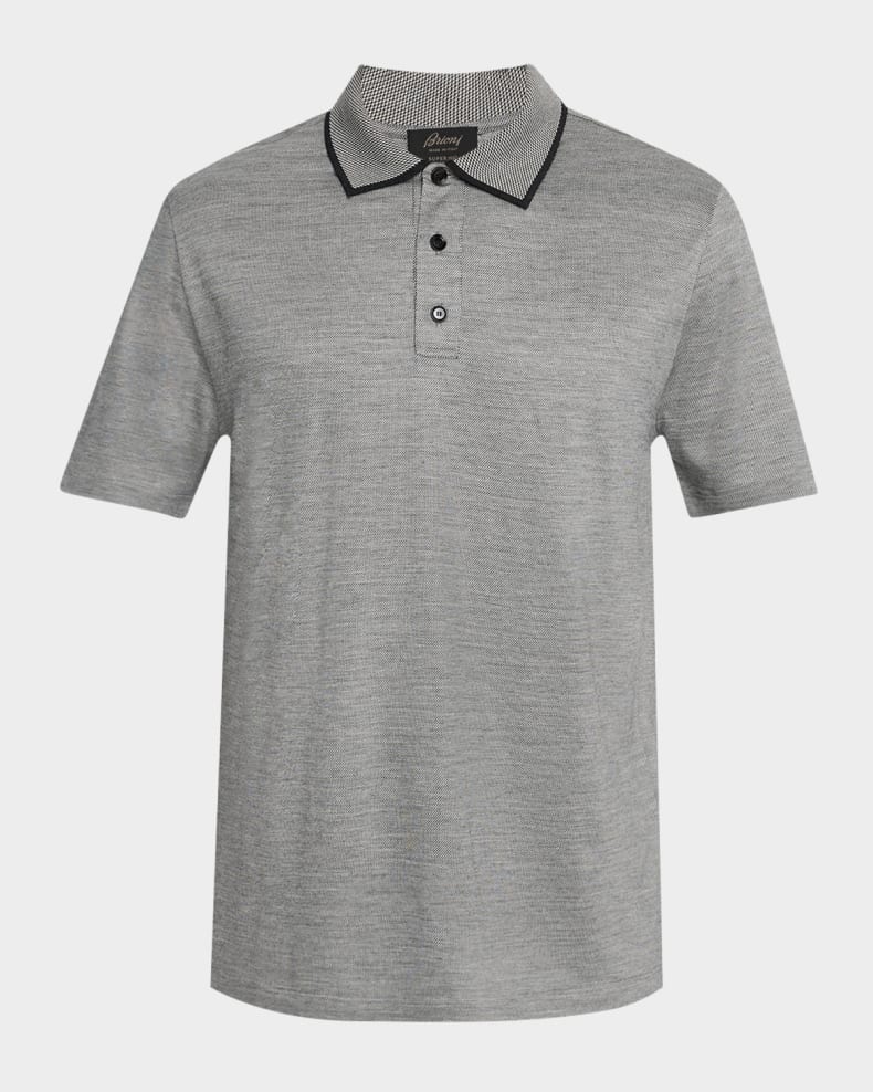 Brioni Men's Stairweave s180 Wool Polo Shirt Grey white