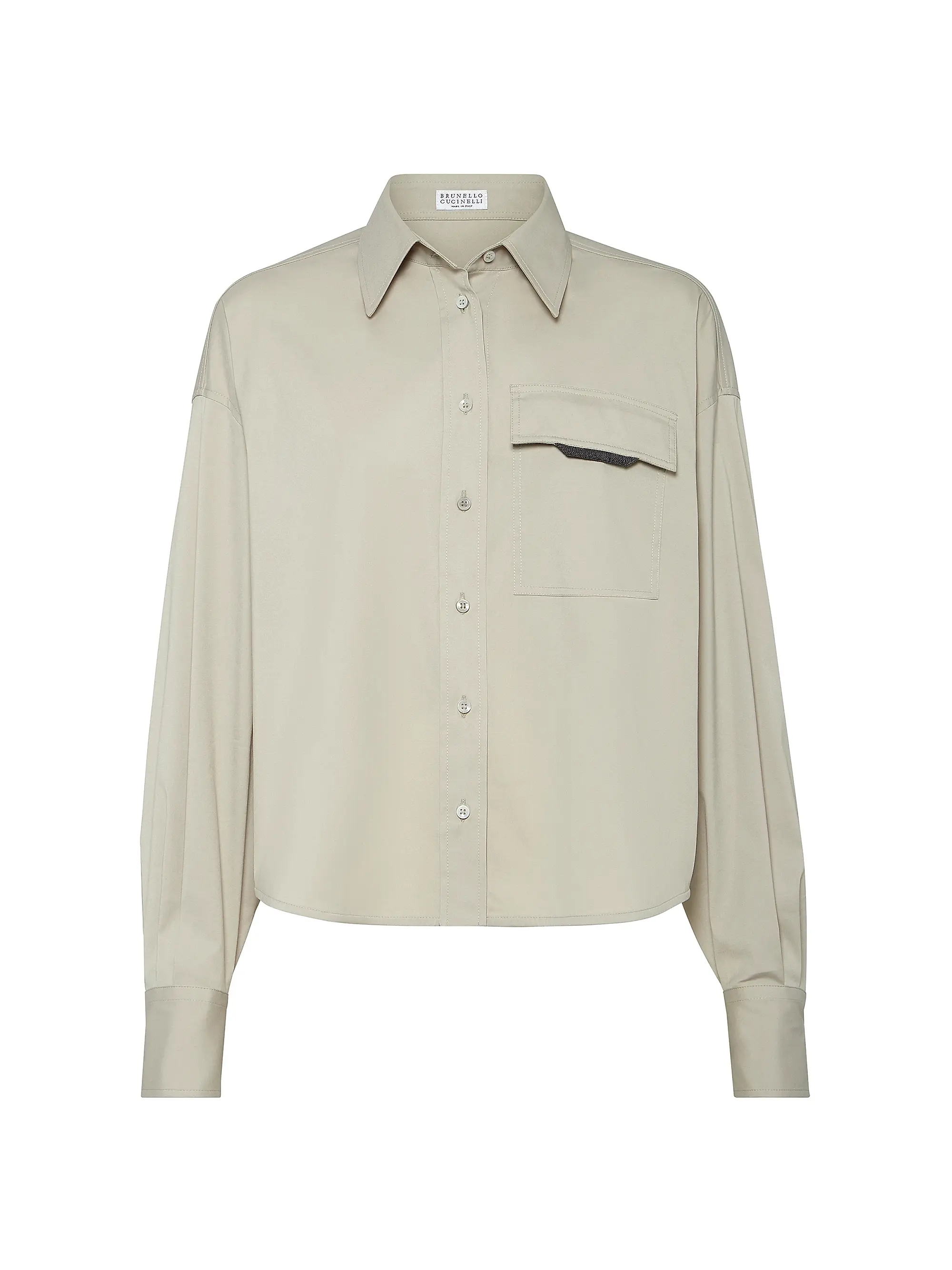 Brunello Cucinelli Stretch Cotton Poplin Cropped Shirt With Shiny Flap Detail Cool Beige