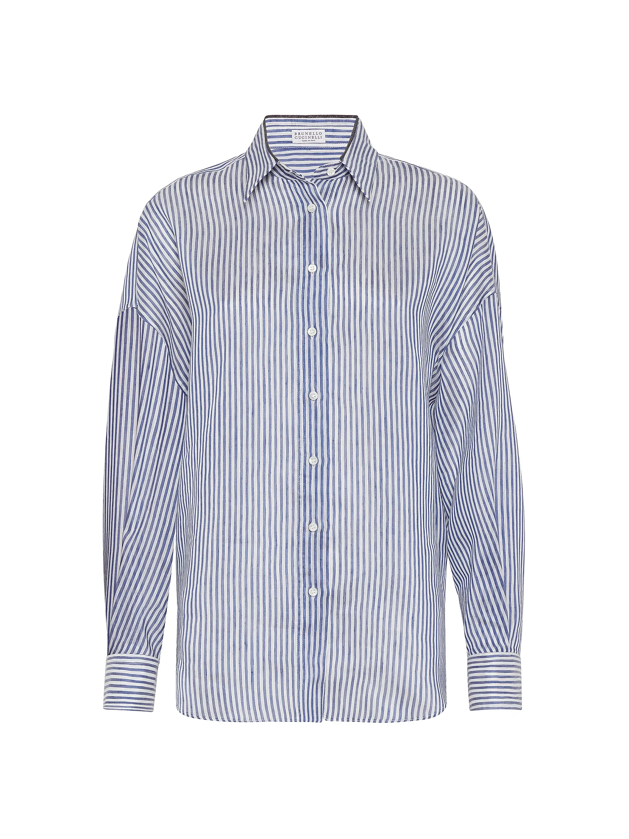 Brunello Cucinelli Striped Linen and Silk Organza Shirt with Shiny Collar Detail Azure