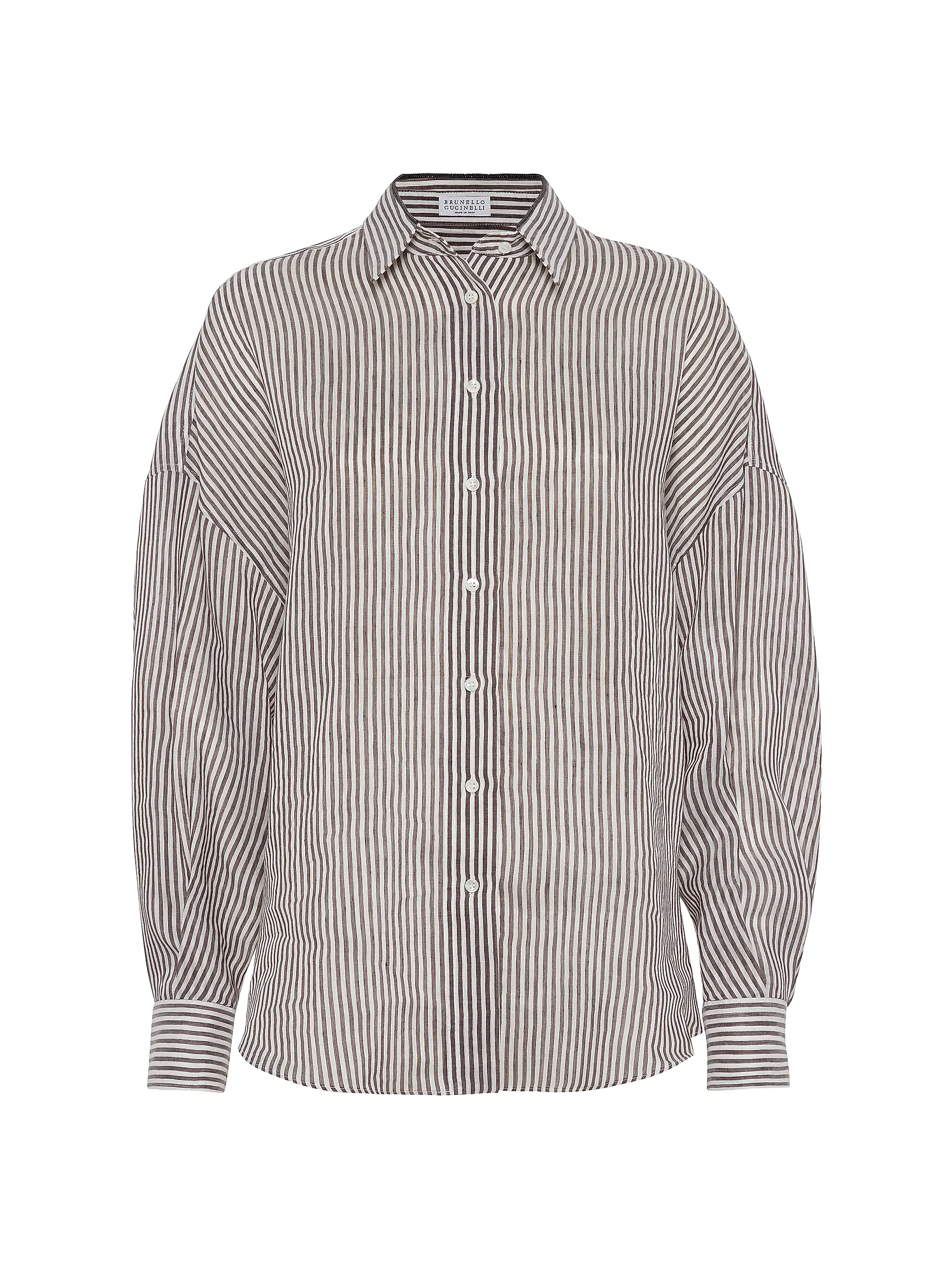 Brunello Cucinelli Striped Linen and Silk Organza Shirt with Shiny Collar Detail Brown