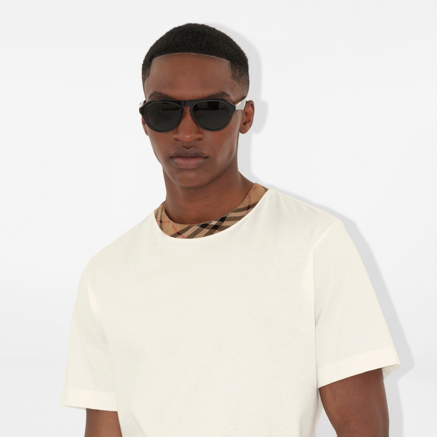 BURBERRY Check Trim Cotton T-shirt Chalk