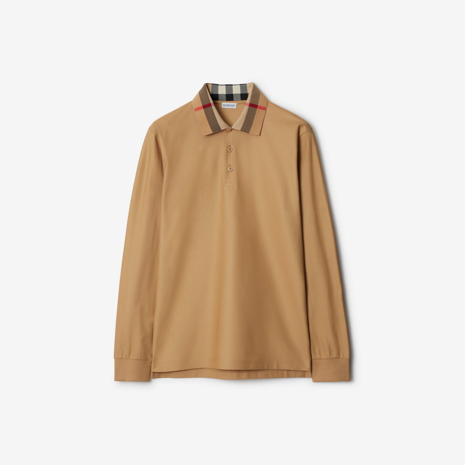 BURBERRY Long-sleeve Check Collar Cotton Polo Shirt Archive beige