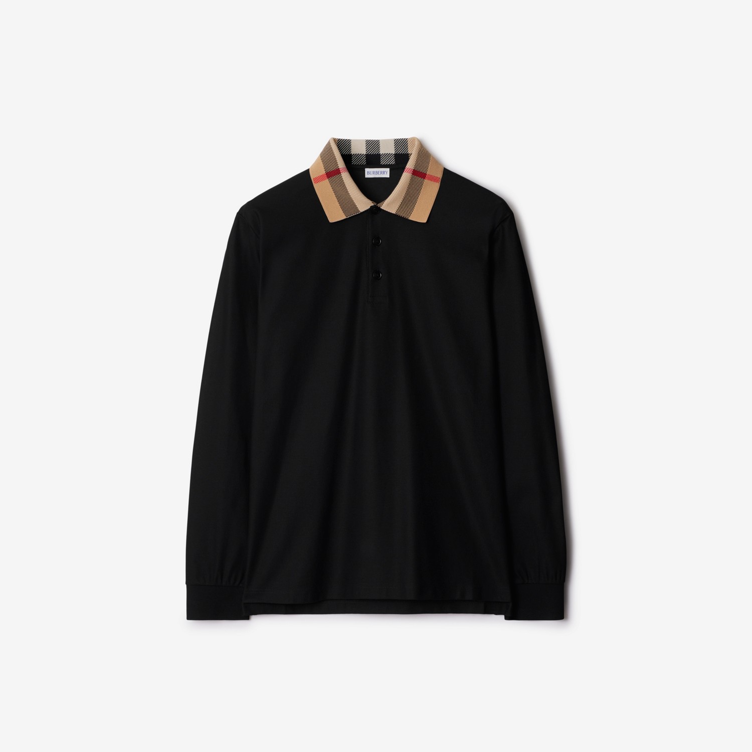 BURBERRY Long-sleeve Check Collar Cotton Polo Shirt Black
