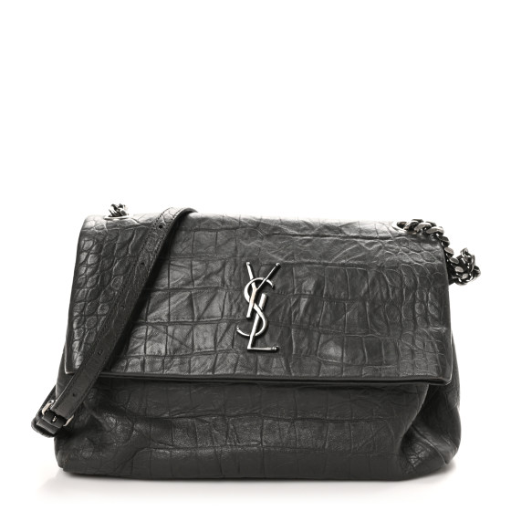 Calfskin Crocodile Embossed Medium West Hollywood Monogram Fold-Over Grey