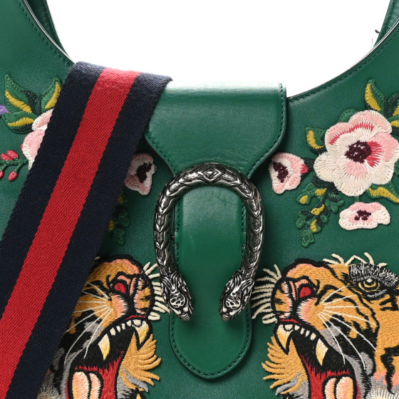 Calfskin Web Embroidered Small Dionysus Hobo Emerald Green - Image 8