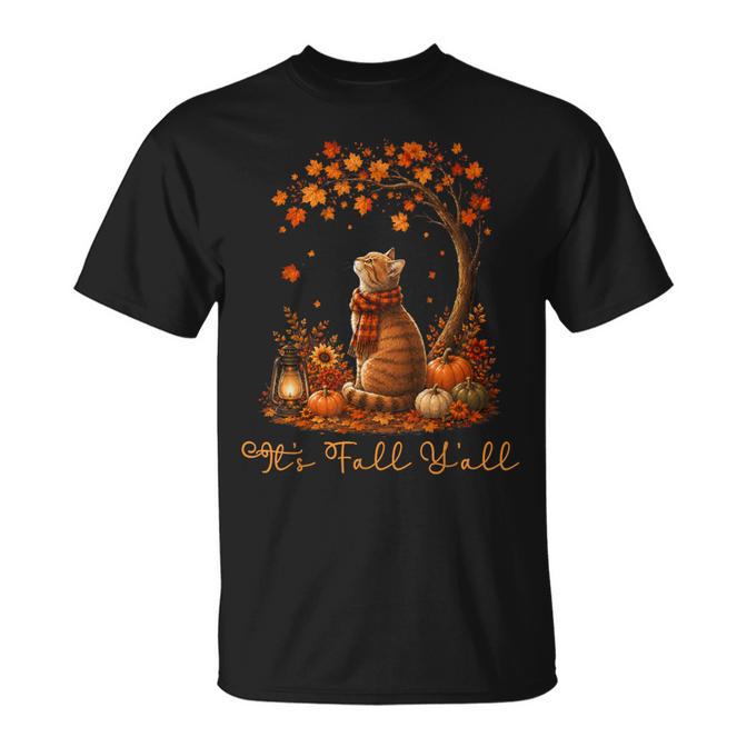 Cat Leaf Fall Tree Hello Autumn Thanksgiving It's Fall Y'all T-Shirt