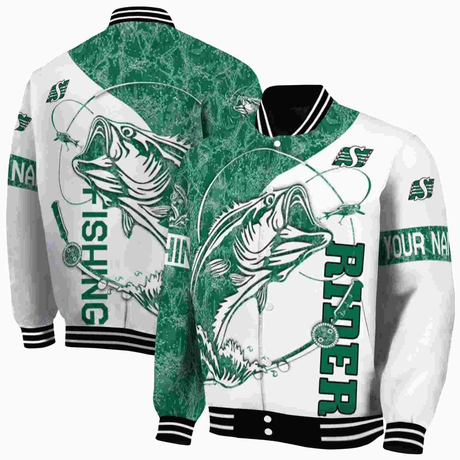 CFL Customized Saskatchewan Roughriders Fishing Rod White Custom Baseball Jacket Sport Fans Gear