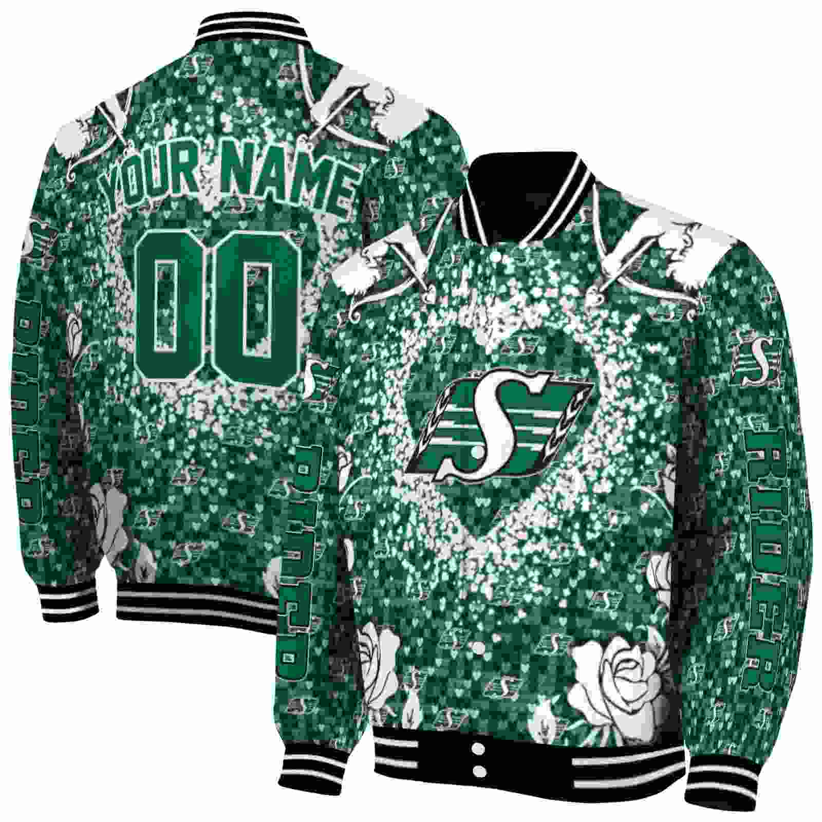 CFL Customized Saskatchewan Roughriders Heart Explosion Green Custom Baseball Jacket Sport Fans Gear