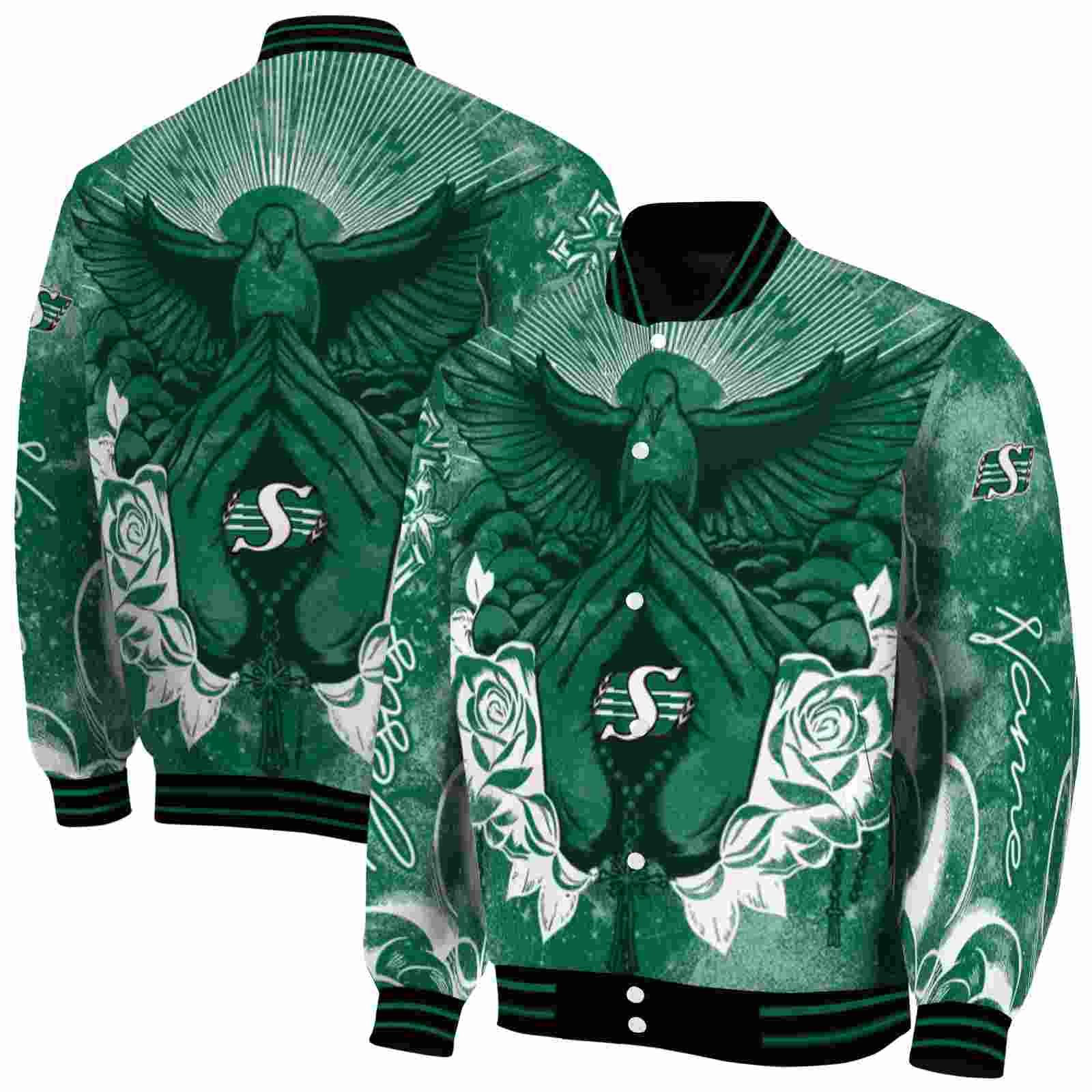 CFL Customized Saskatchewan Roughriders Praying Hands Green Custom Baseball Jacket Sport Fans Gear