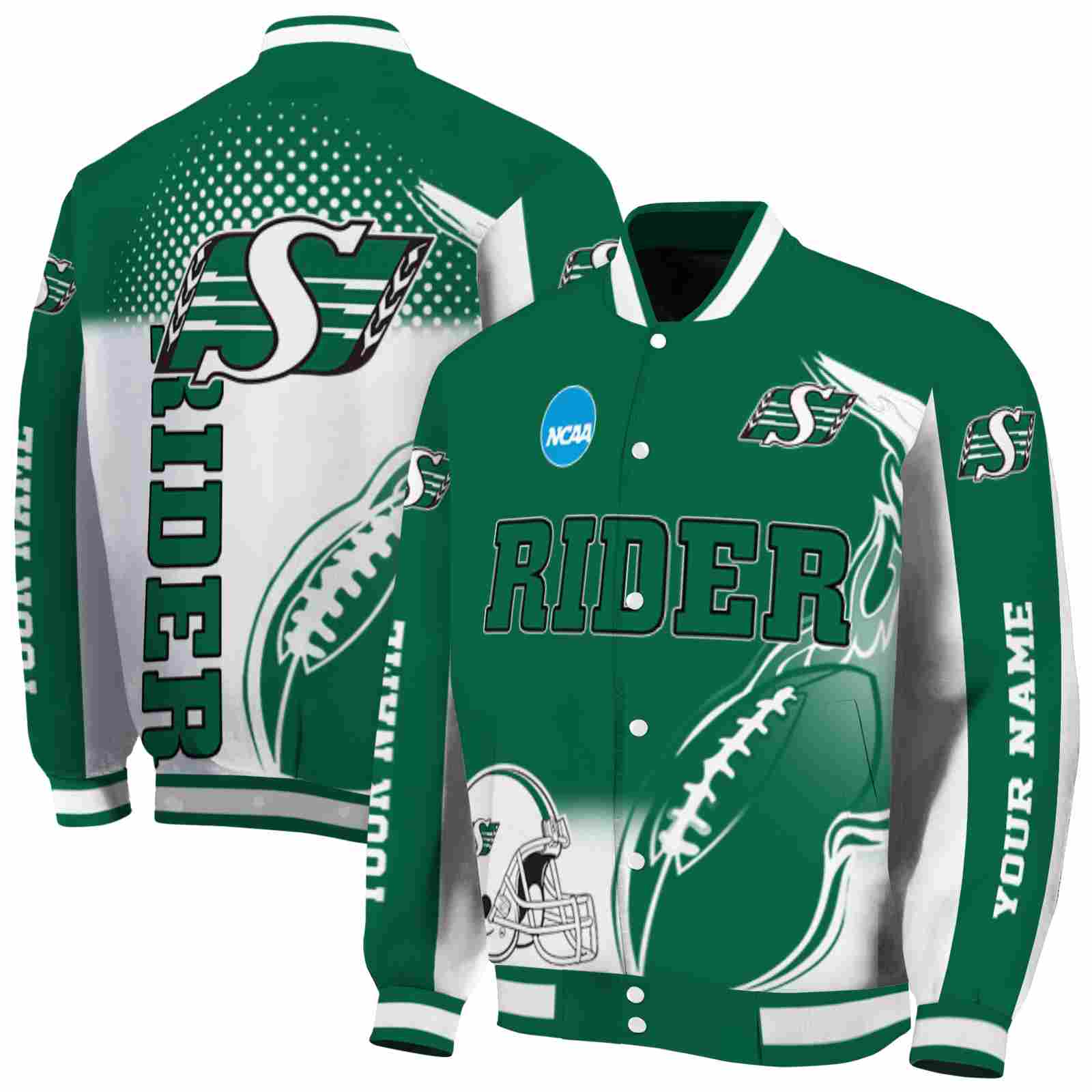 CFL Personalized Saskatchewan Roughriders Flaming Football Green White Custom Baseball Jacket Sport Fans Gear