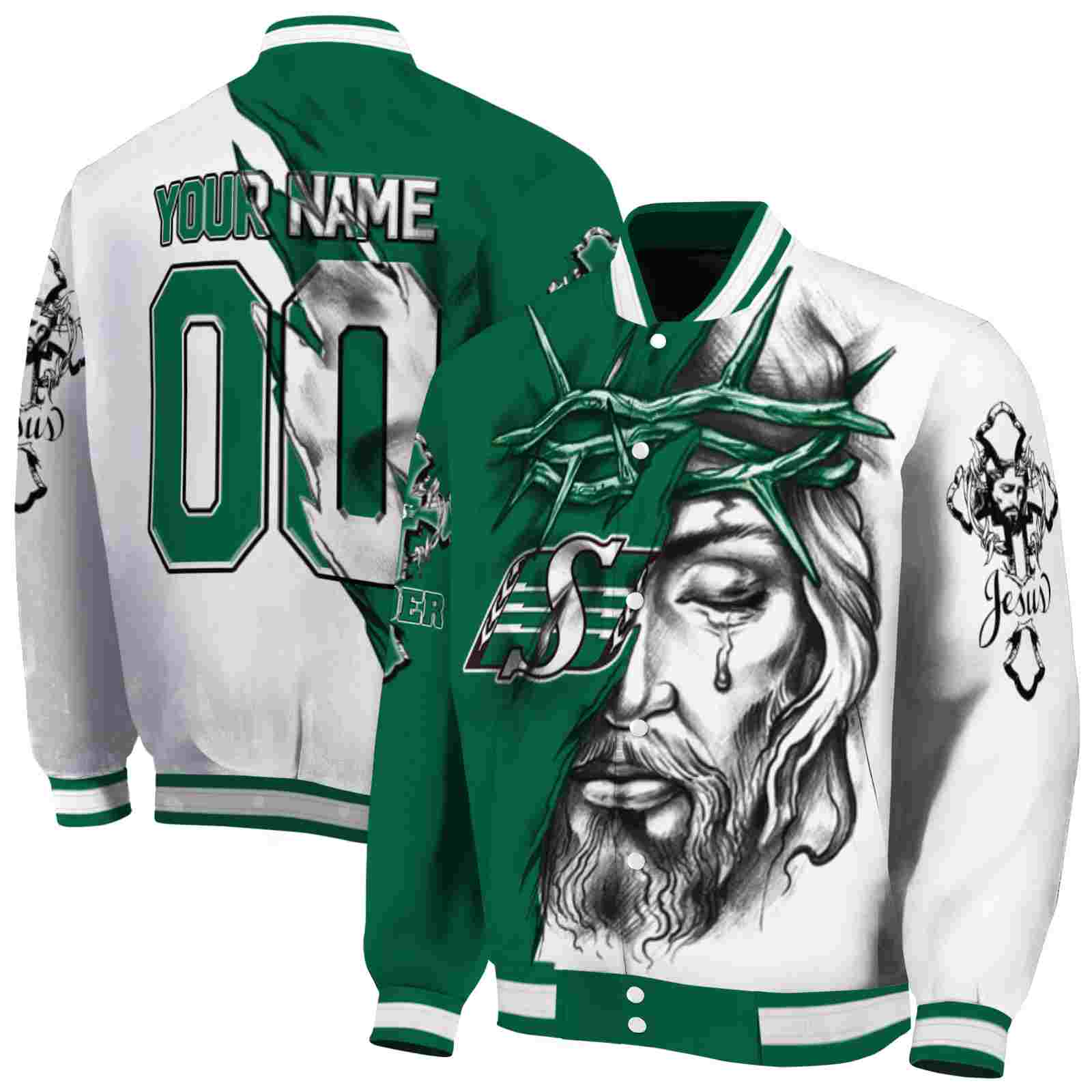 CFL Personalized Saskatchewan Roughriders Jesus Tears Green White Custom Baseball Jacket Sport Fans Gear