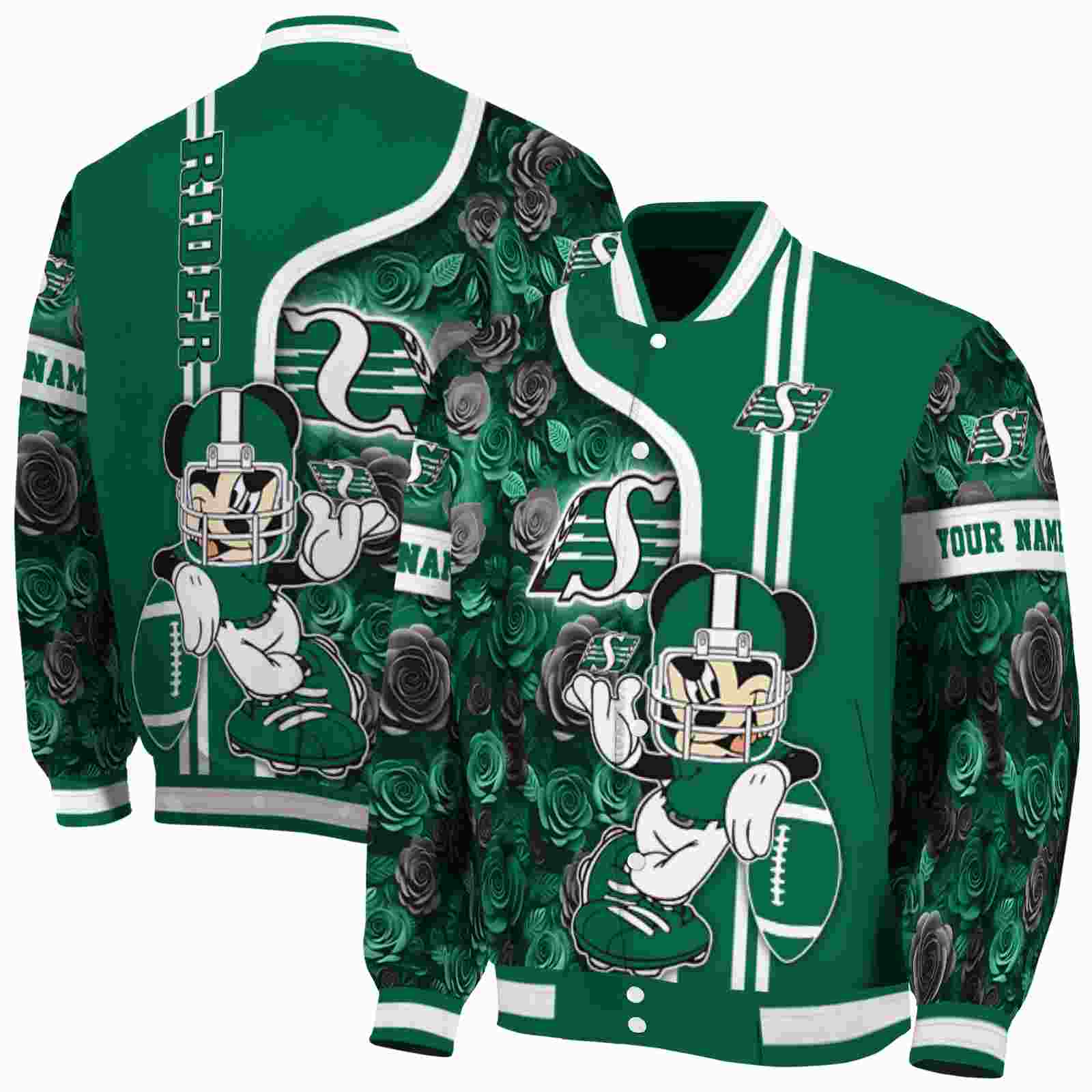 CFL Personalized Saskatchewan Roughriders Rose Mickey Green Custom Baseball Jacket Sport Fans Gear