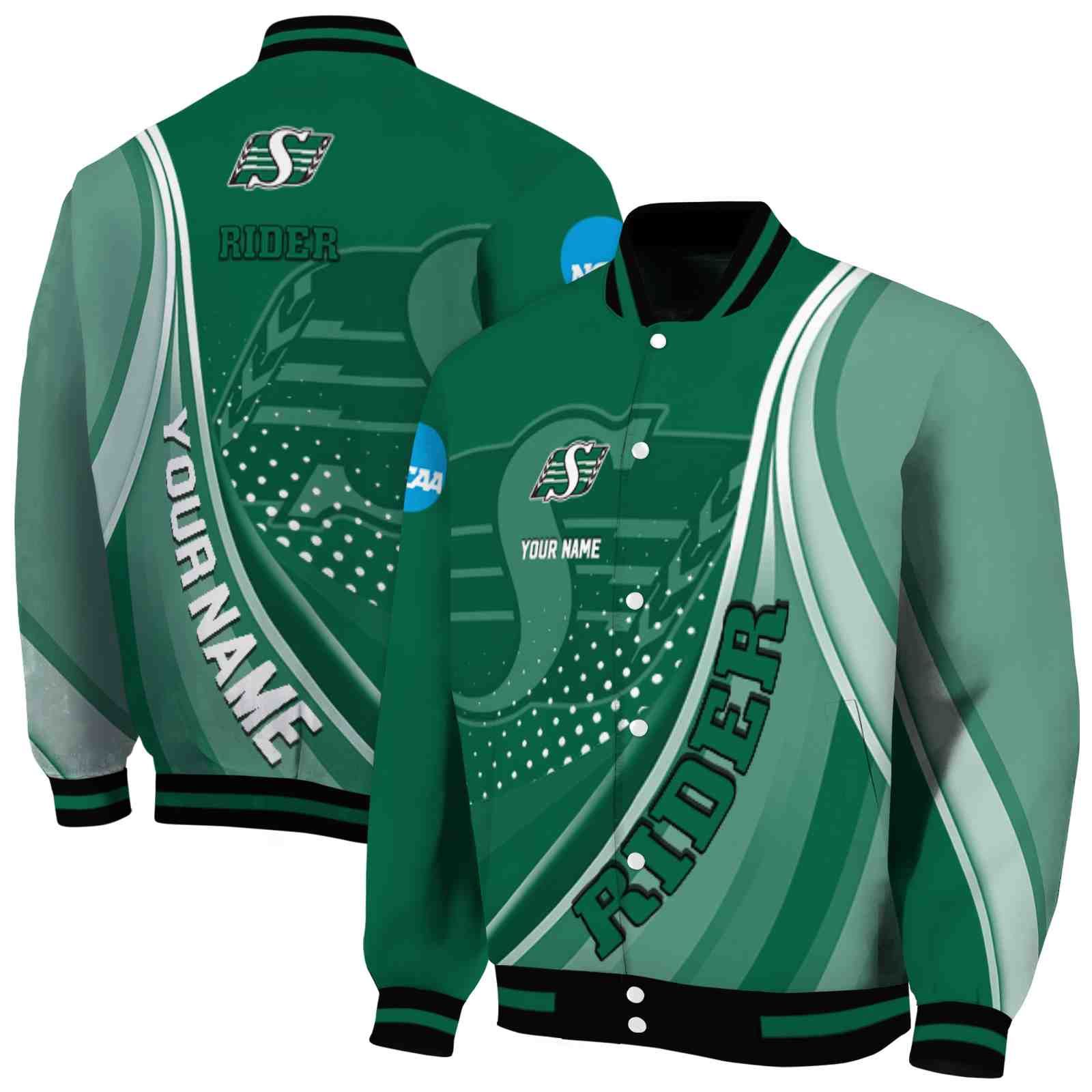 CFL Personalized Saskatchewan Roughriders Wave Patterns Green Custom Baseball Jacket Sport Fans Gear