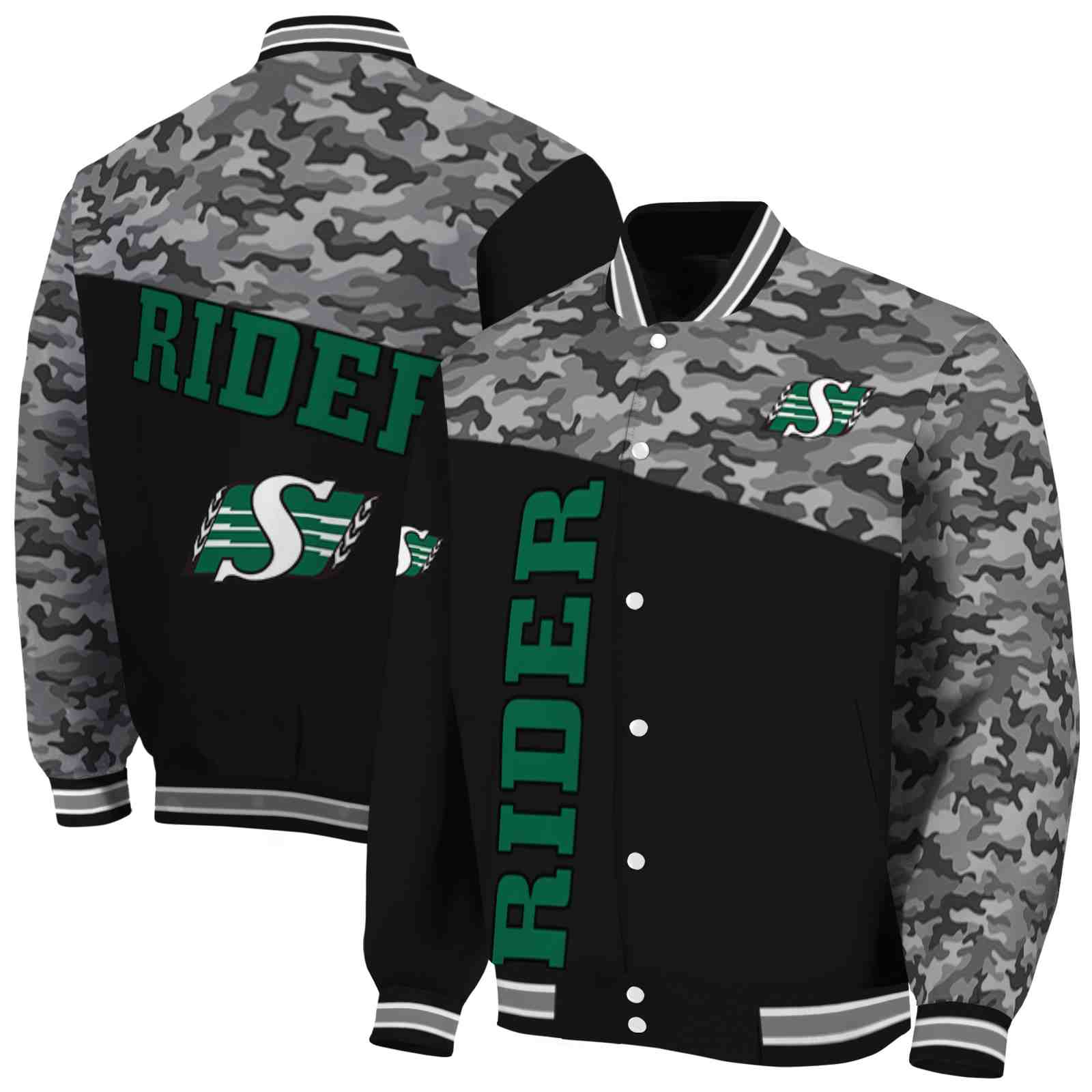 CFL Saskatchewan Roughriders Camo Patchwork Black Custom Baseball Jacket Sport Fans Gear