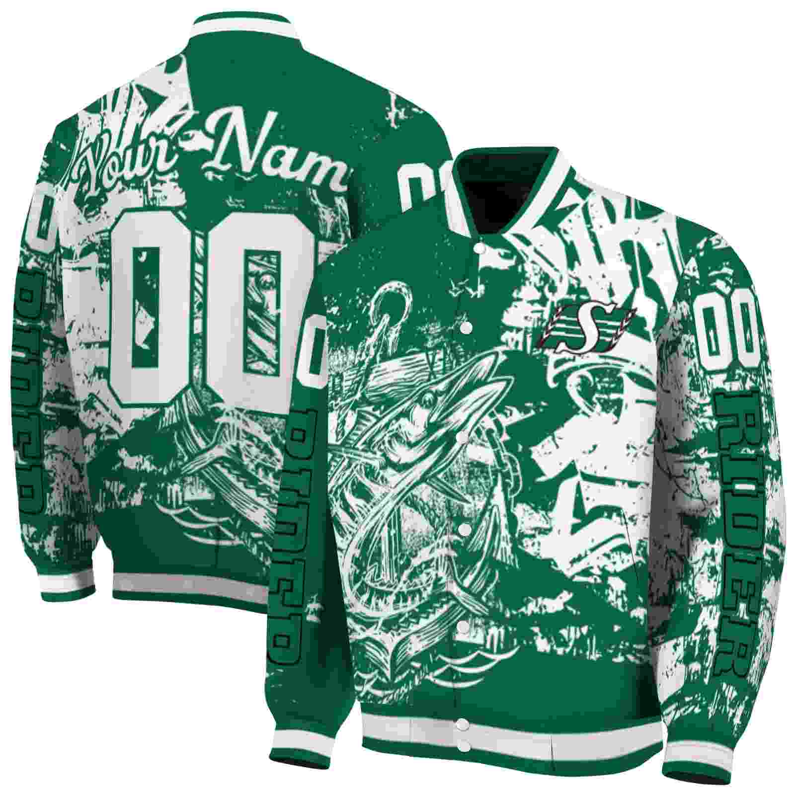 CFL Saskatchewan Roughriders Fishing Art Green Custom Baseball Jacket Sport Fans Gear