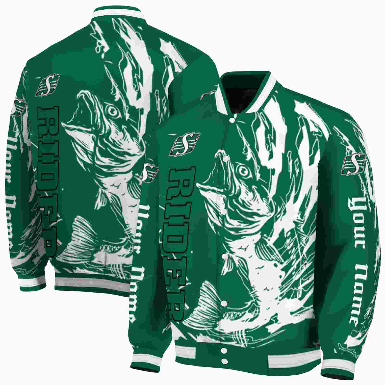 CFL Saskatchewan Roughriders Fishing Passion Green White Custom Baseball Jacket Sport Fans Gear