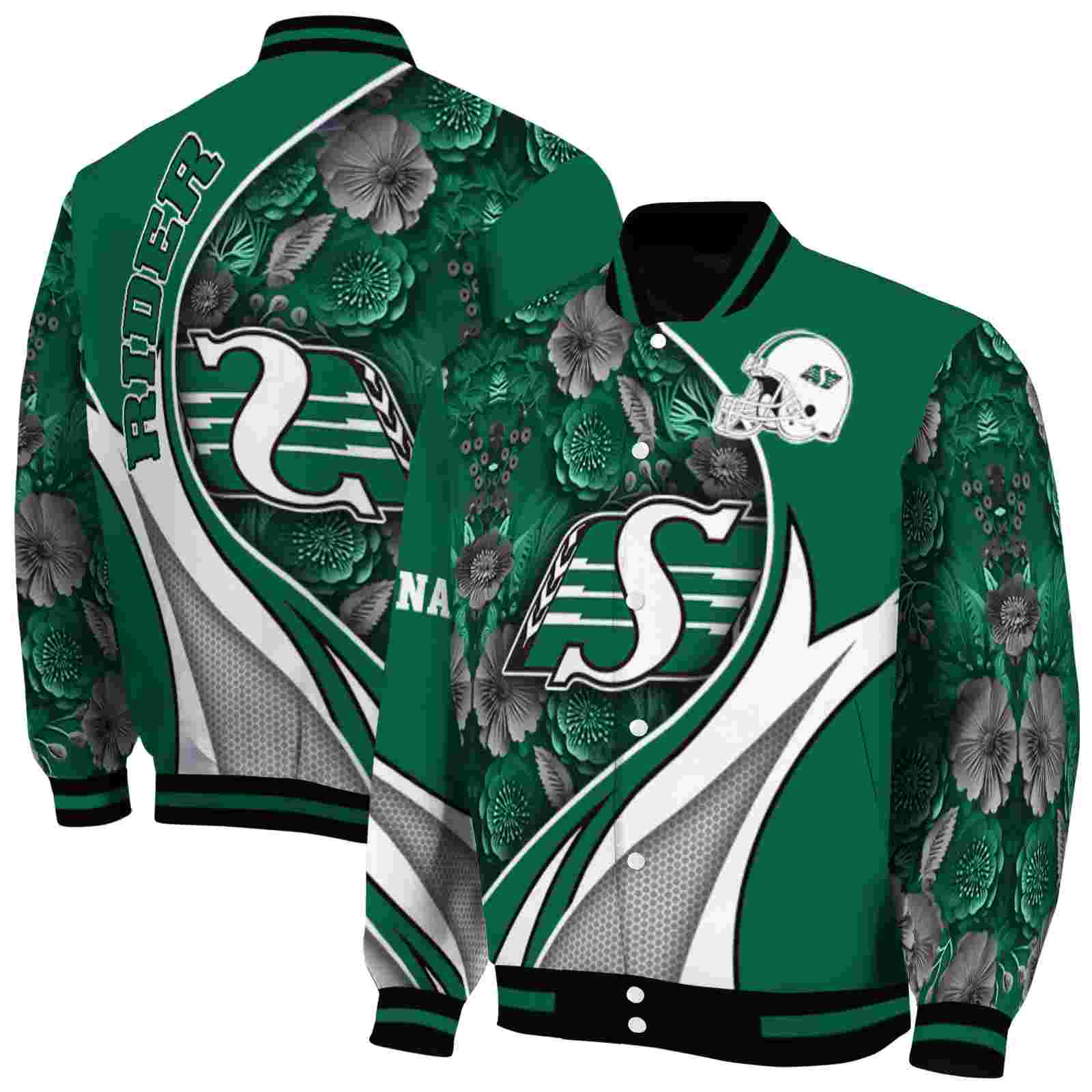 CFL Saskatchewan Roughriders Floral Print Green Custom Baseball Jacket Sport Fans Gear