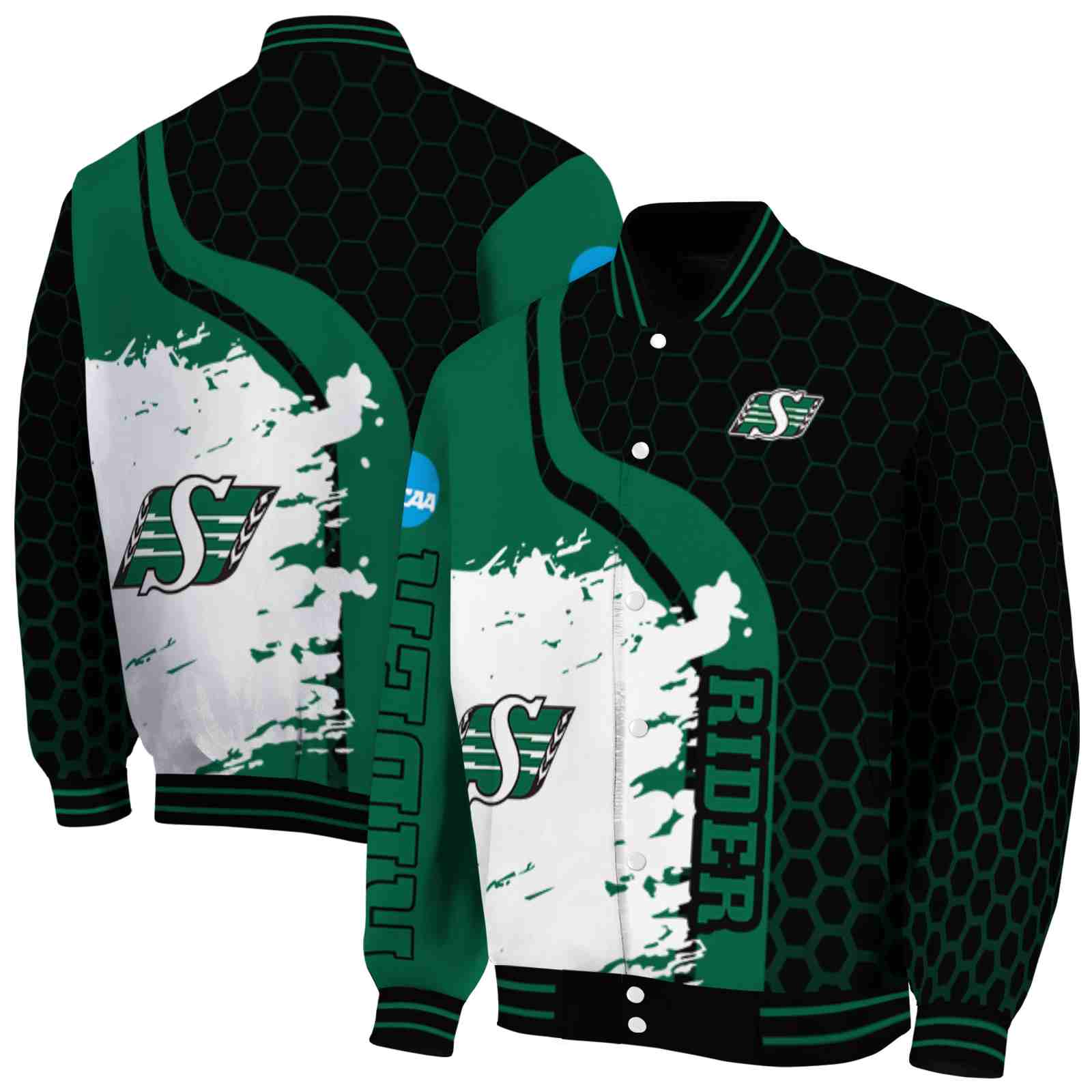 CFL Saskatchewan Roughriders Hexagonal Pattern Green Black Custom Baseball Jacket Sport Fans Gear