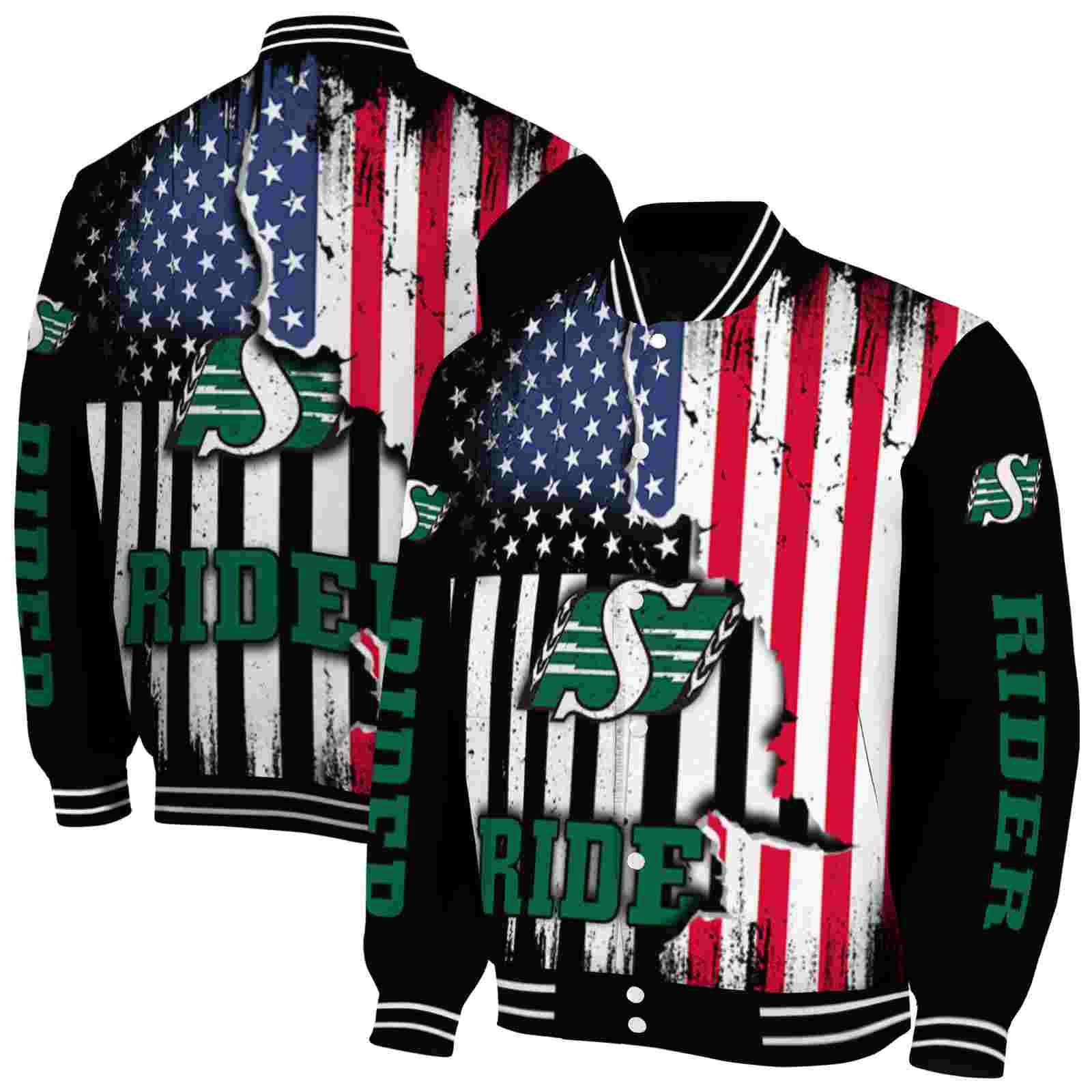 CFL Saskatchewan Roughriders Patriotic Theme Black Custom Baseball Jacket Sport Fans Gear