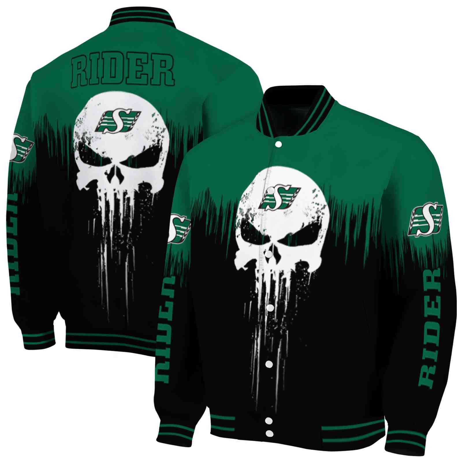 CFL Saskatchewan Roughriders Punisher Skull Green Black White Custom Baseball Jacket Sport Fans Gear