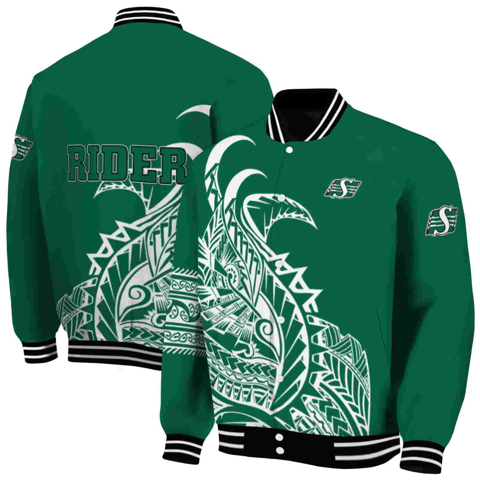 CFL Saskatchewan Roughriders Tribal Art Green White Black Custom Baseball Jacket Sport Fans Gear