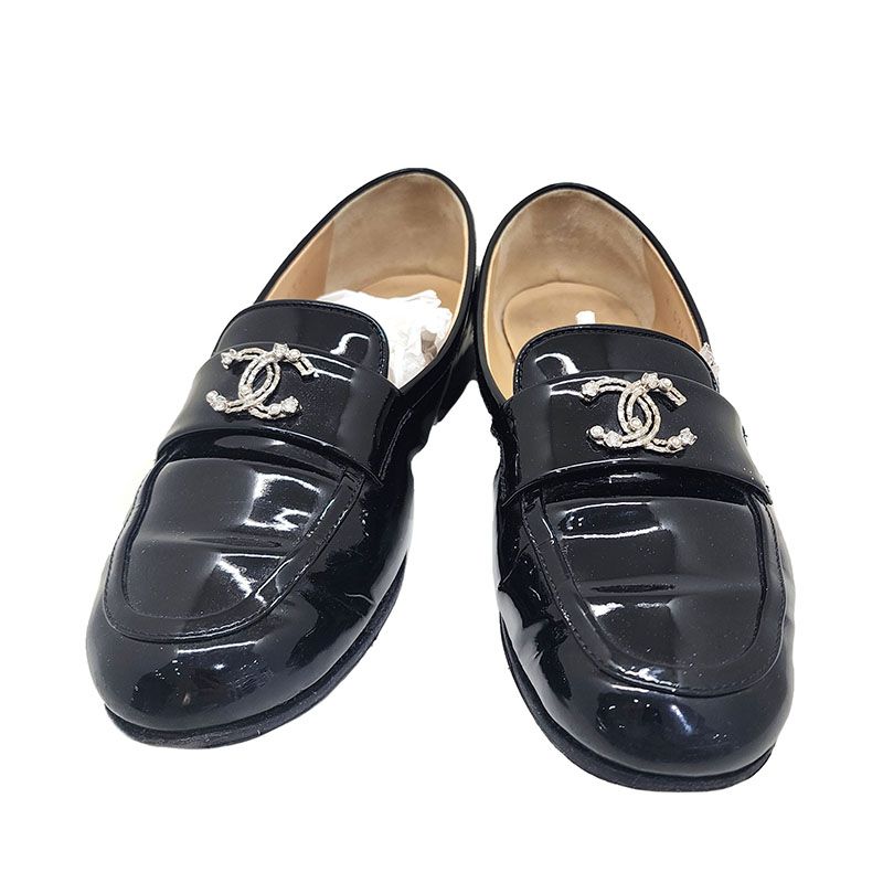 CHANEL Black Patent Crystal CC Logo Women's Loafers G36343 35.5