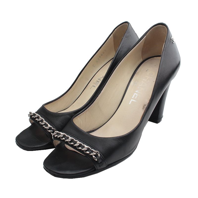 CHANEL Black Silver Chain Open Toe Shoes 36