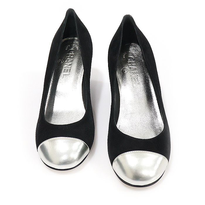 CHANEL Black Suede Silver Cap Toe Vintage CC Logo Wedge Heels Women's Shoes 36.5C G27028
