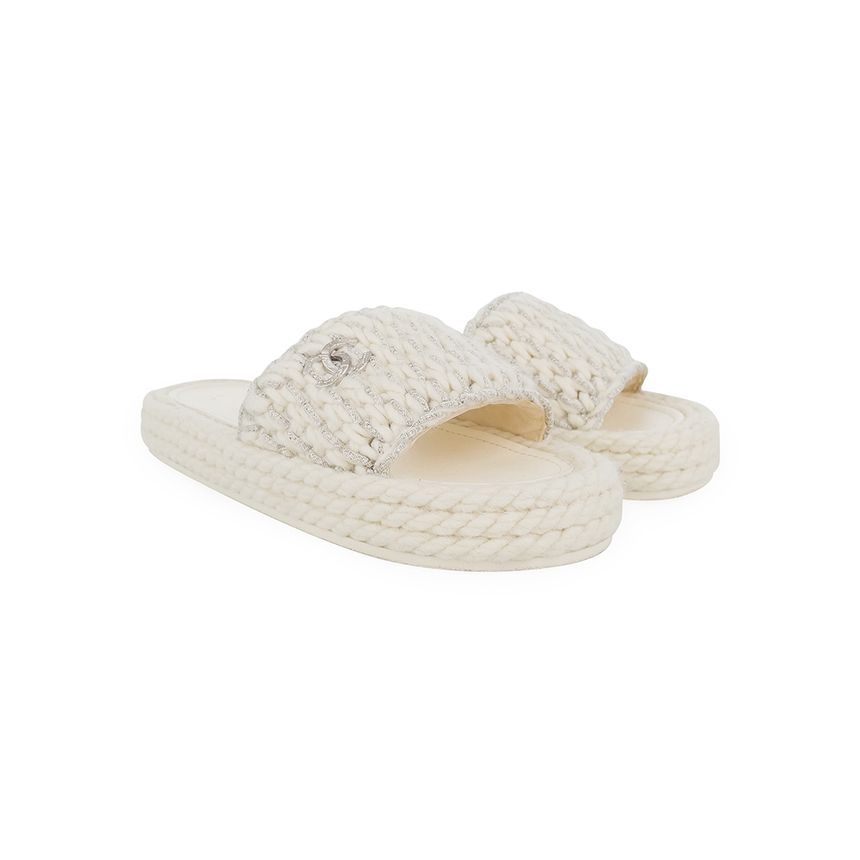 CHANEL Braided Knit CC Logo Mule Slipper 37 White/Silver 5ET0653