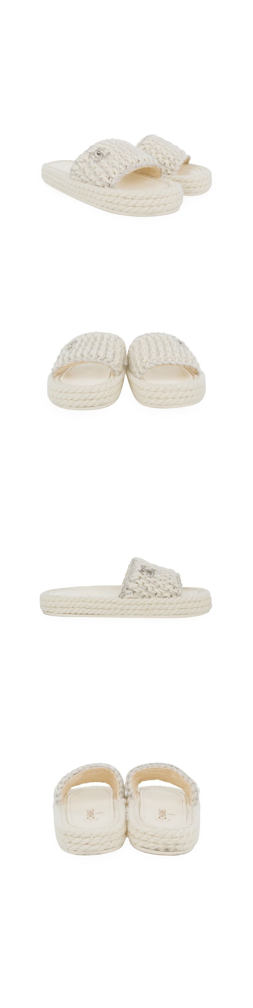 CHANEL Braided Knit CC Logo Mule Slipper 37 White/Silver 5ET0653