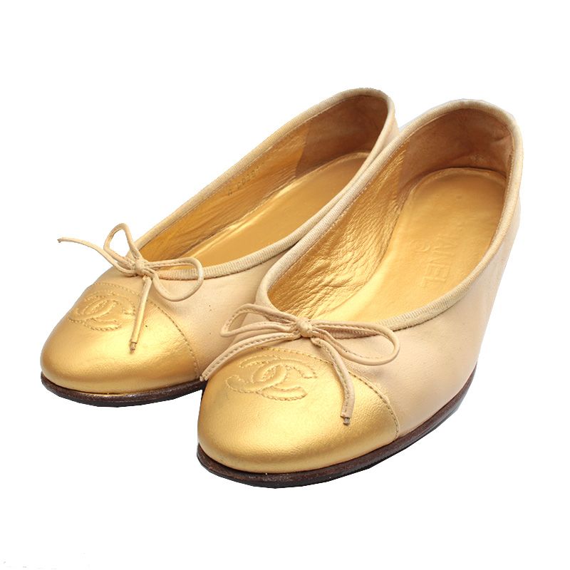 CHANEL Gold Beige Ribbon Flat Shoes 35 SKU