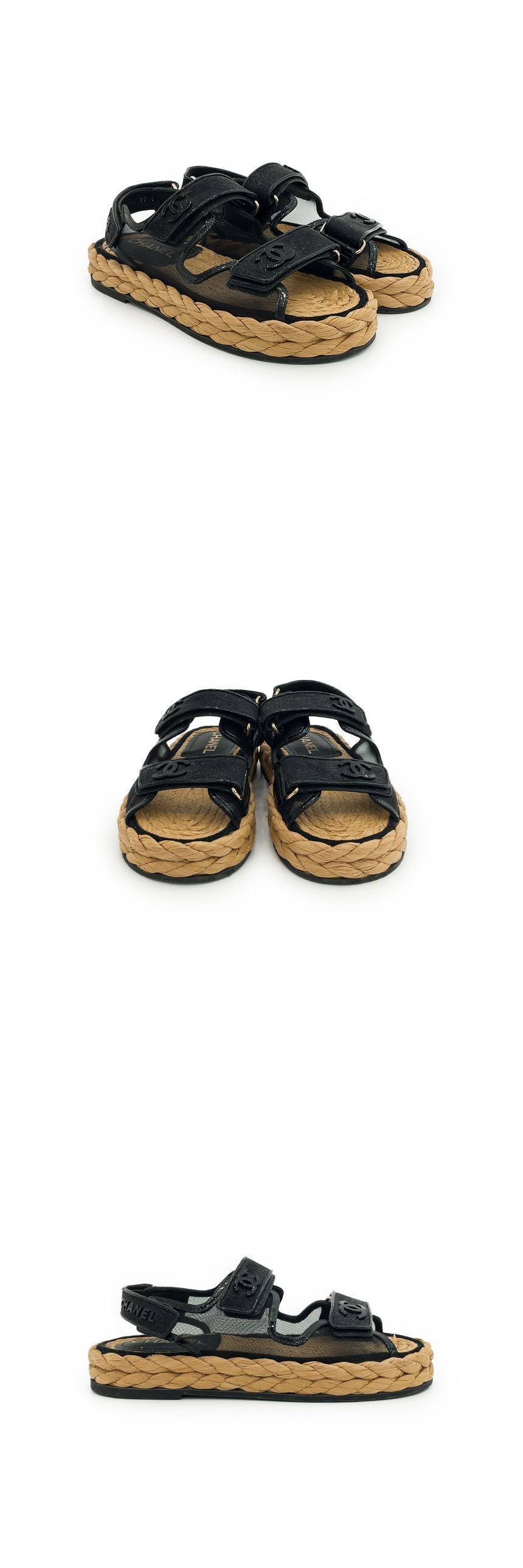 CHANEL Mesh Velcro Sandals 37 Black 3ET1617