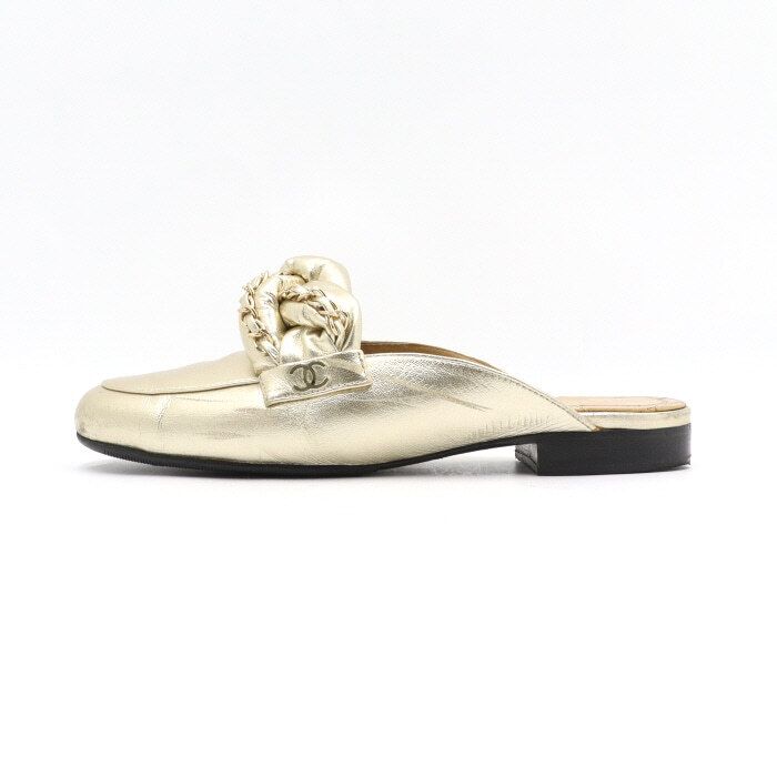 CHANEL Metallic Gold Lambskin CC Logo Chain Women Mules G32956