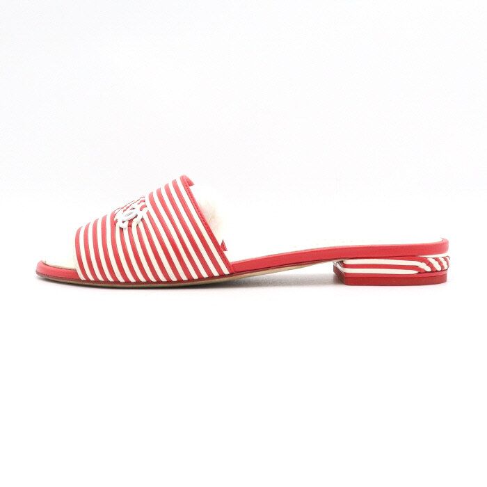 CHANEL Red White Leather Two-tone Women's Mule Slippers G35517
